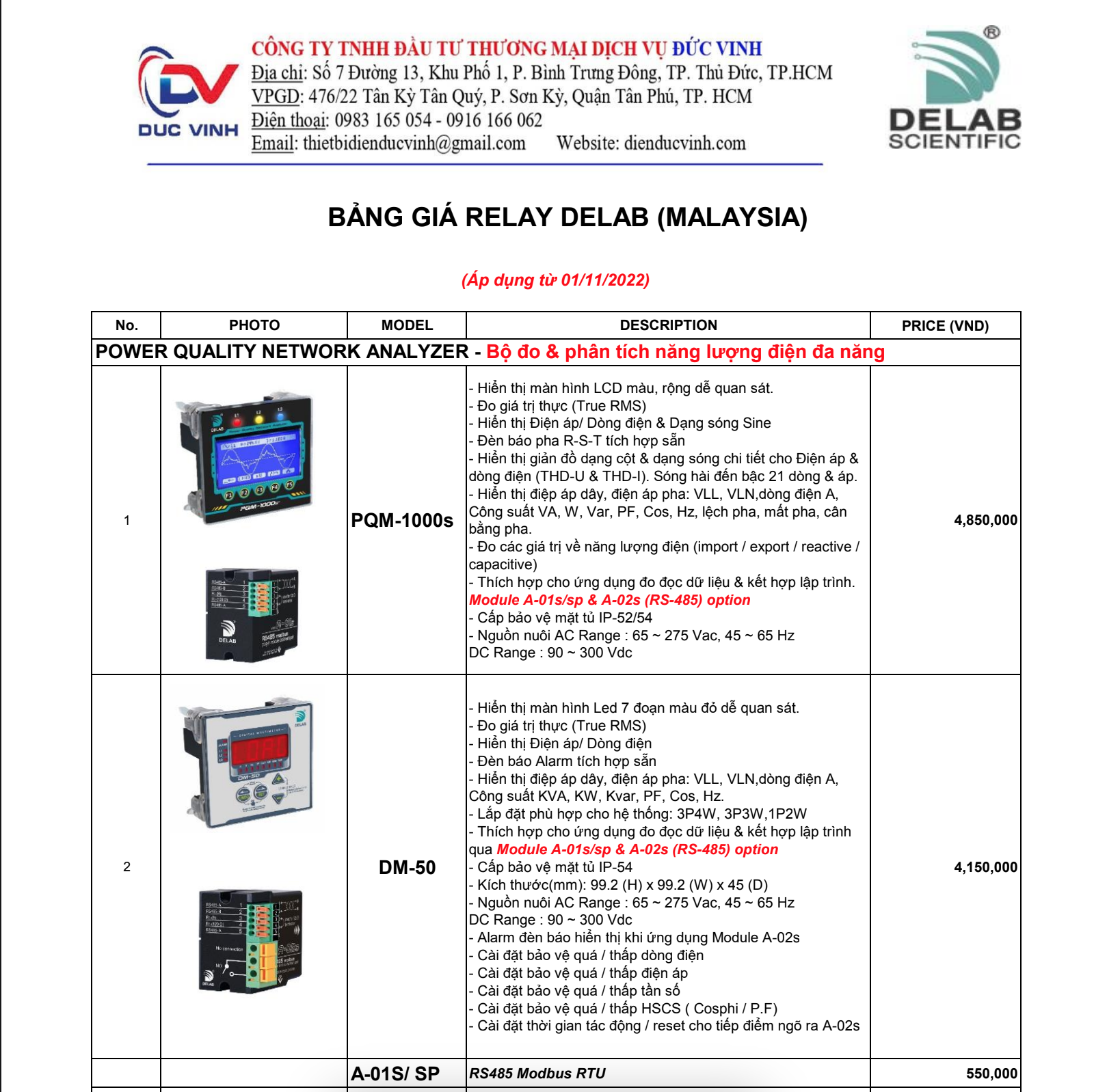 Bảng giá sản phẩm hãng DELAB T3/206