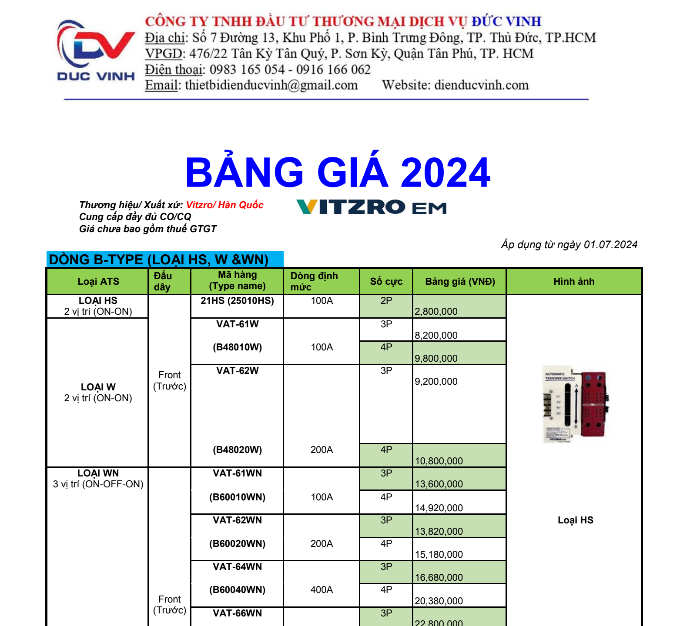 BẢNG GIÁ SẢN PHẨM HÃNG VITZRO T7/2024