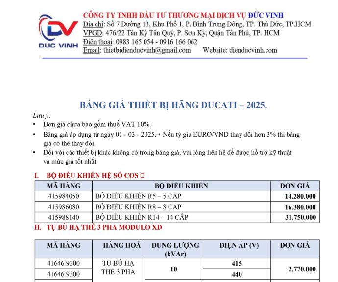 BẢNG GIÁ SẢN PHẨM HÃNG DUCATI 2025