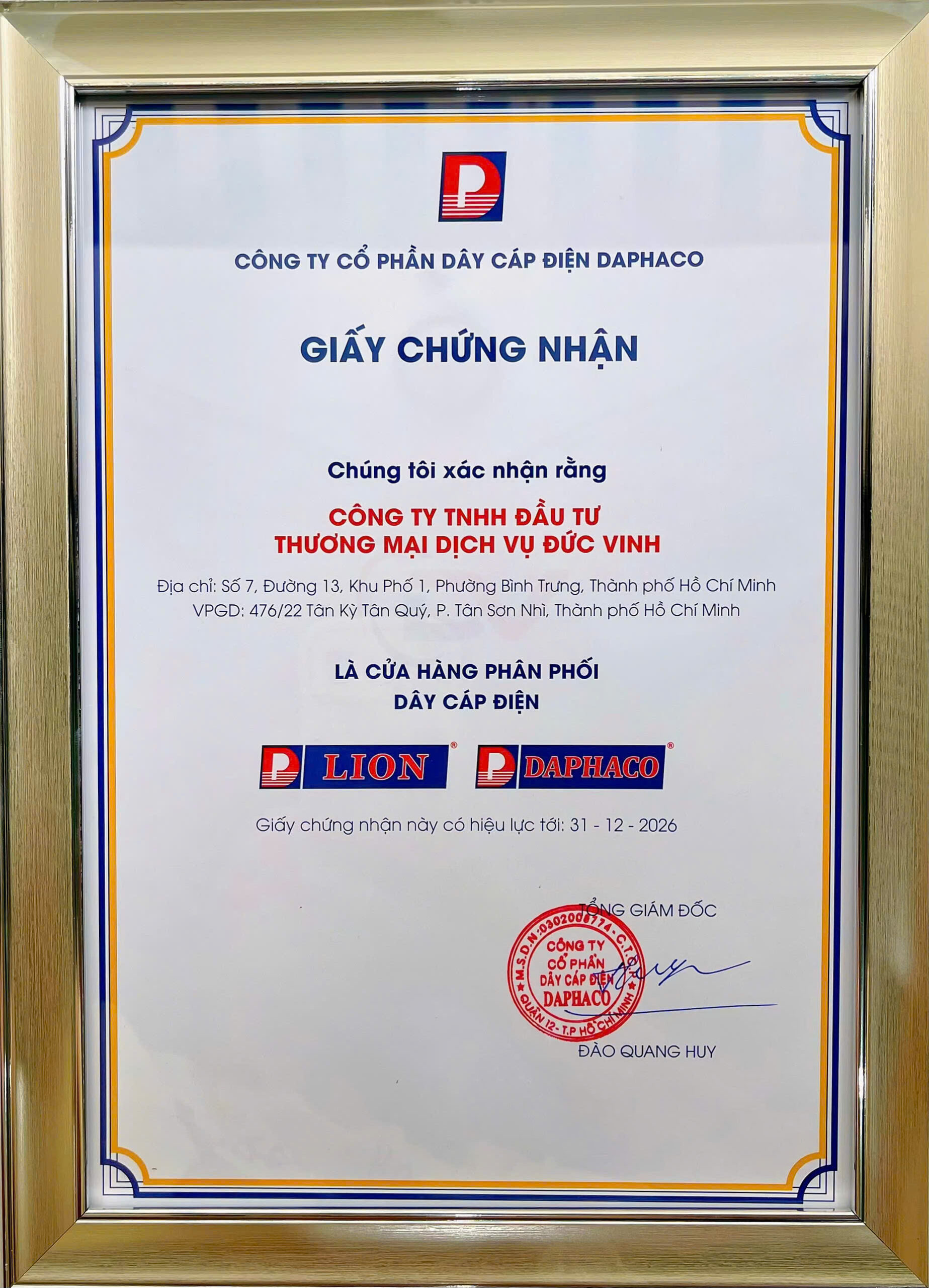 Đức Vinh Nhận Chứng Nhận Trở Thành Cửa Hàng Phân Phối Dây Cáp Điện Daphaco Chính Hãng