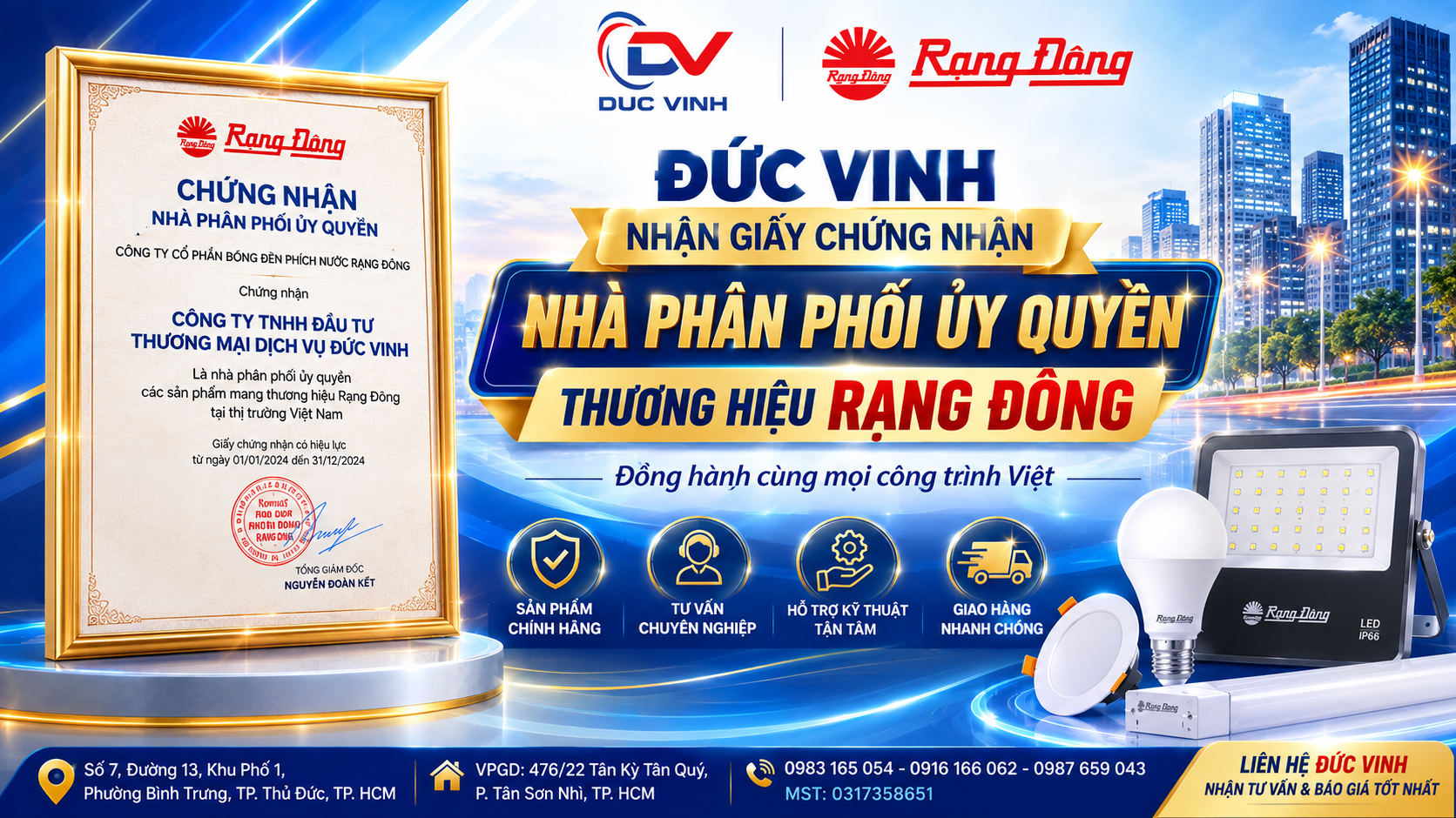 Đức Vinh Nhận Giấy Chứng Nhận Nhà Phân Phối Ủy Quyền Thương Hiệu Rạng Đông