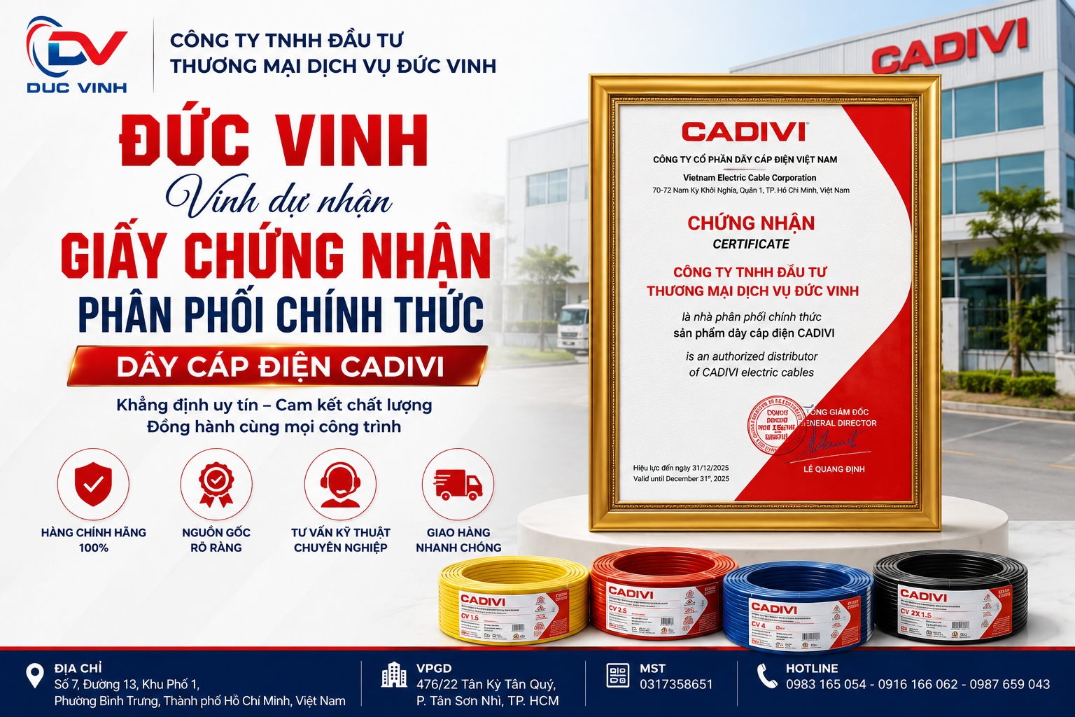 ĐỨC VINH VINH DỰ NHẬN GIẤY CHỨNG NHẬN PHÂN PHỐI CHÍNH THỨC DÂY CÁP ĐIỆN CADIVI