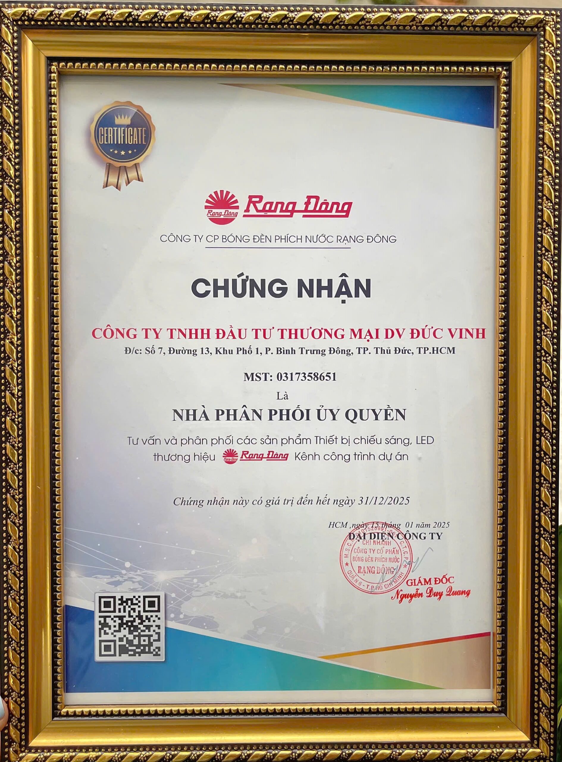 GIẤY CHỨNG NHẬN NHÀ PHÂN PHỐI ỦY QUYỀN THƯƠNG HIỆU RẠNG ĐÔNG