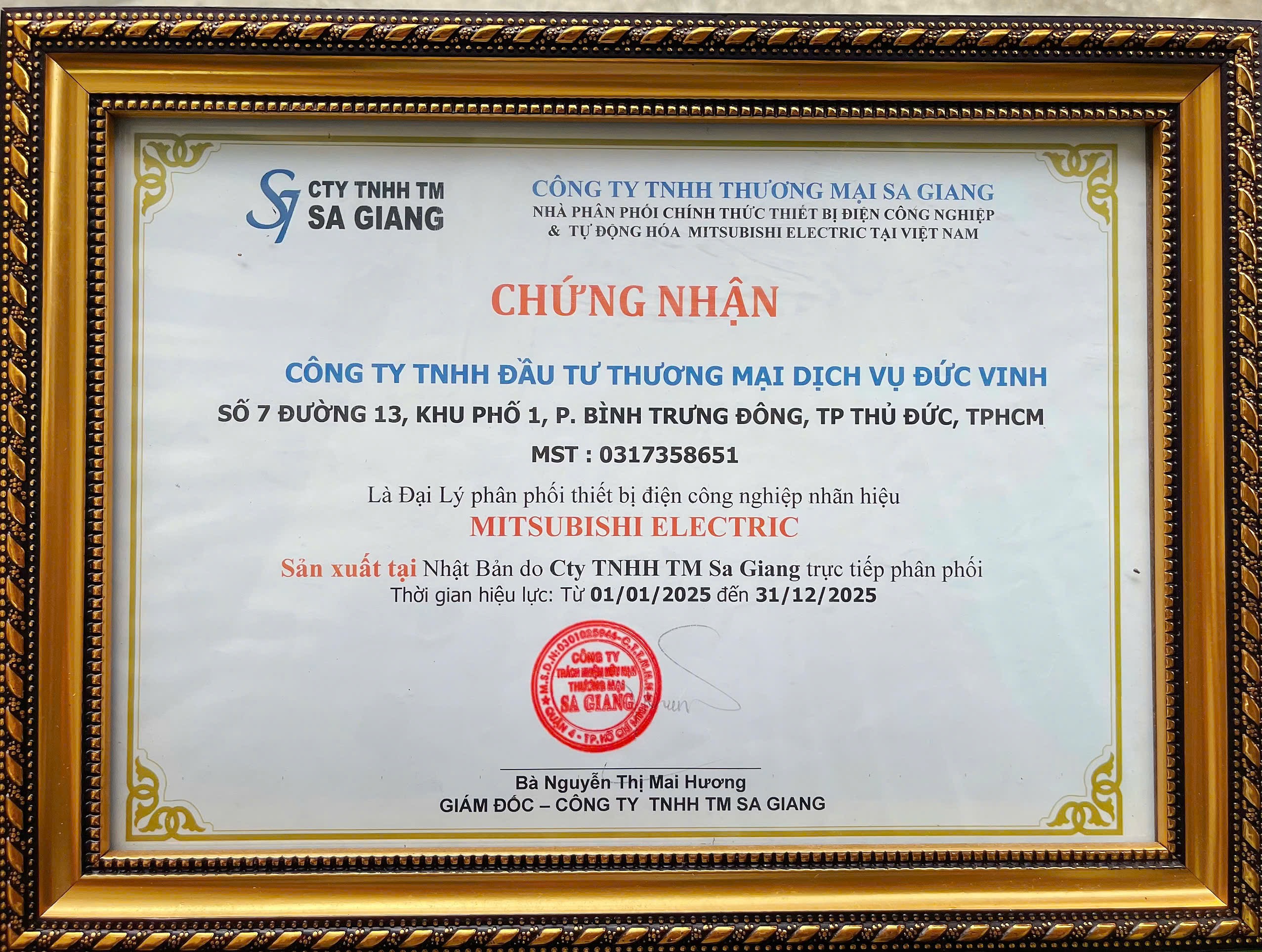 GIẤY CHỨNG NHẬN ĐẠI LÝ PHÂN PHỐI THIẾT BỊ ĐIỆN CÔNG NGHIỆP MITSUBISHI ELECTRIC