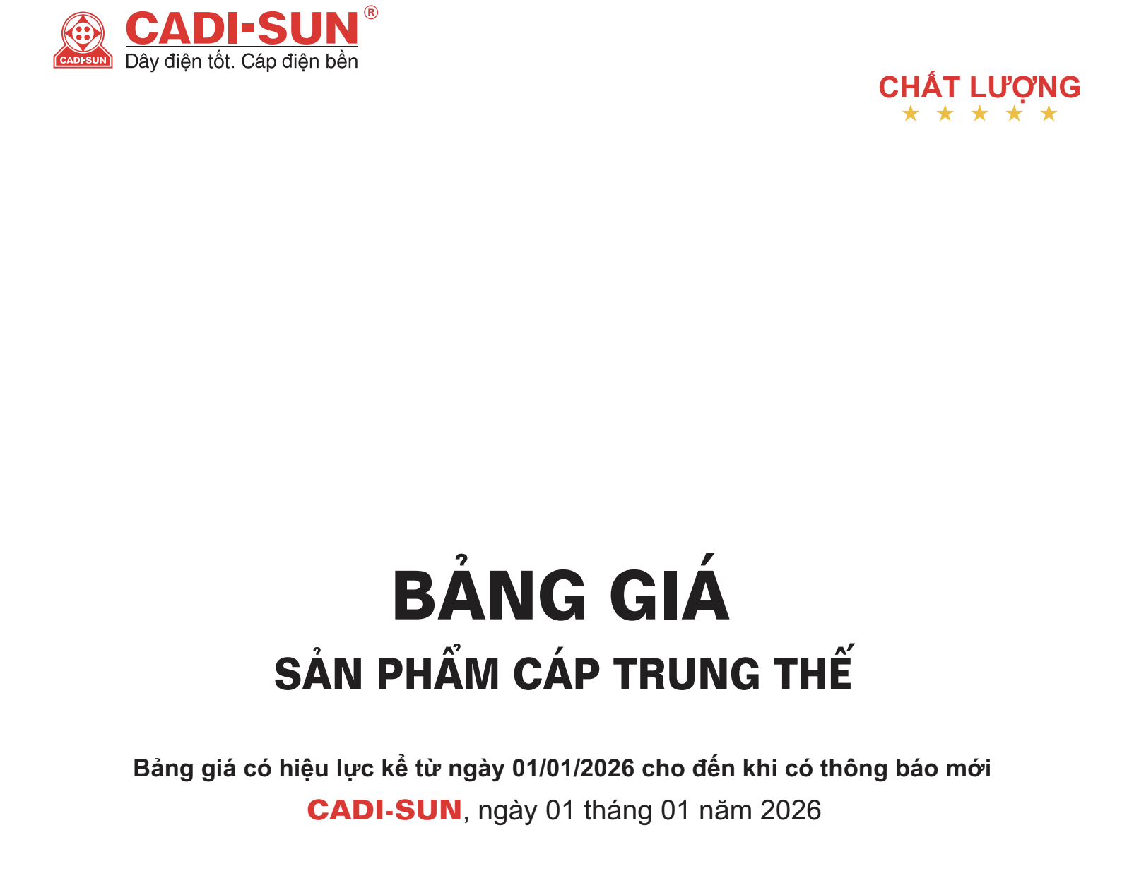 BẢNG GIÁ SẢN PHẨM CHÍNH HÃNG CADISUN T1/2026