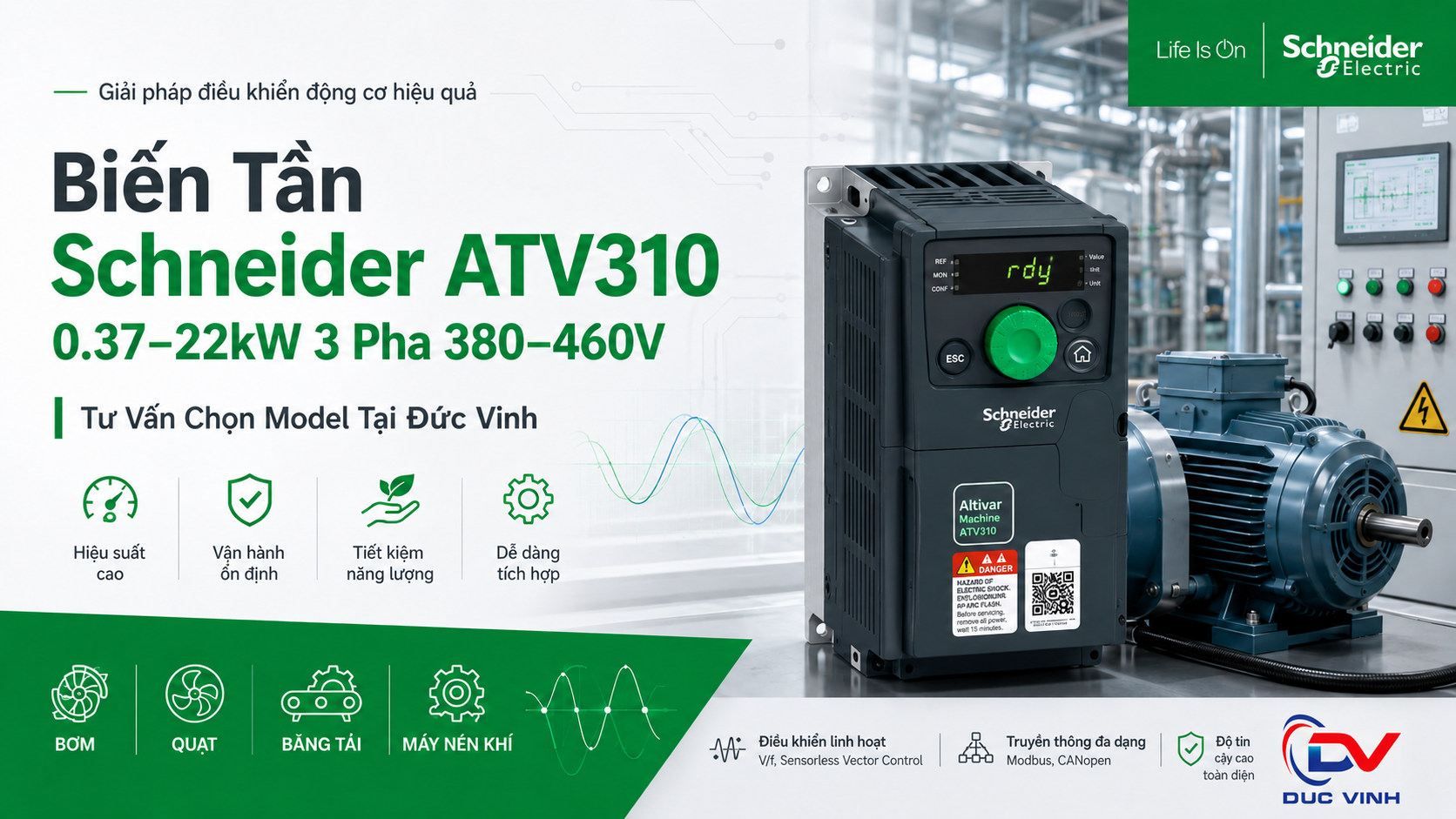 Biến Tần Schneider ATV310 0.37–22kW 3 Pha 380–460V – Tư Vấn Chọn Model Tại Đức Vinh