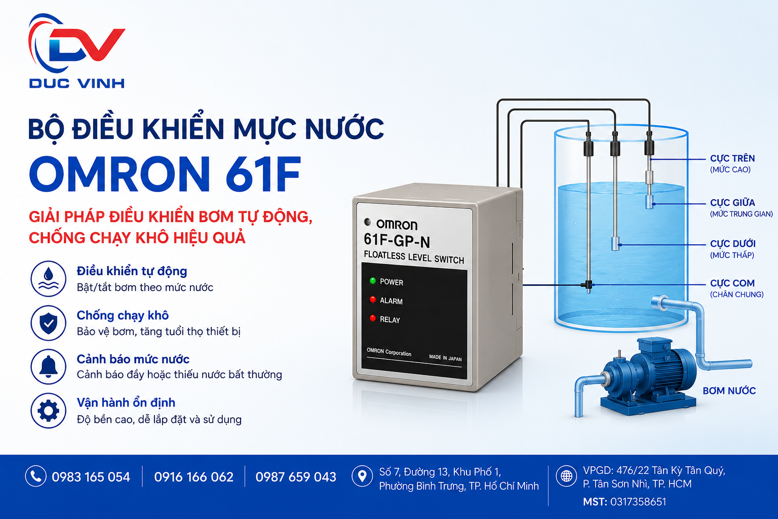 Bộ Điều Khiển Mực Nước Omron 61F – Giải Pháp Điều Khiển Bơm Tự Động, Chống Chạy Khô Hiệu Quả
